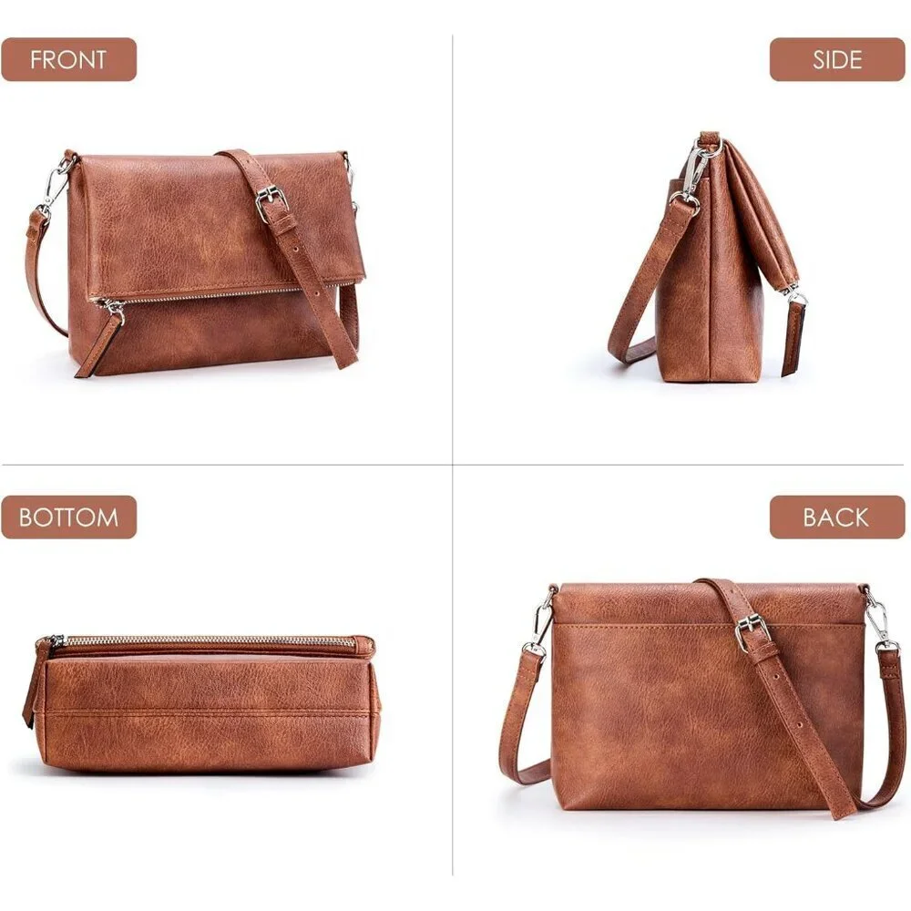 Vegan Leather Crossbody Bag Women Small Purse Retro Zip Multiple Pockets Adjusta